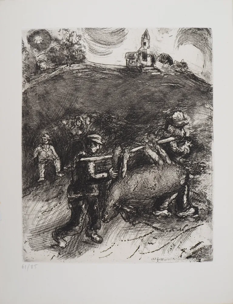 版画 Chagall - Retour au village (Le meunier, son fils et l'âne)