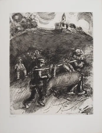 版画 Chagall - Retour au village (Le meunier, son fils et l'âne)