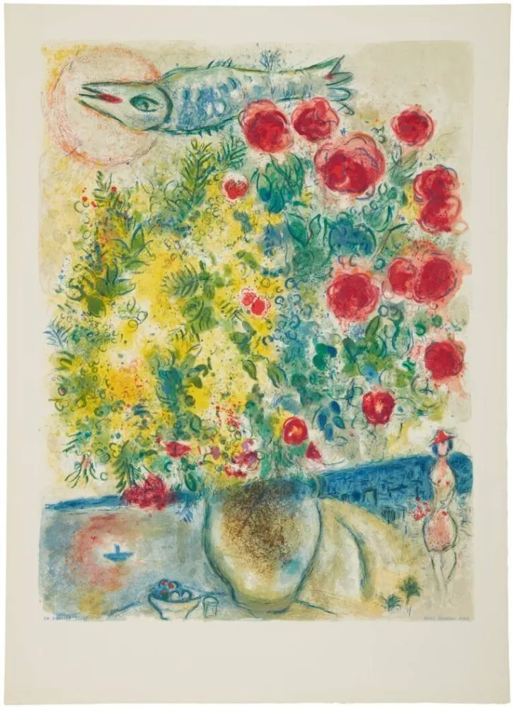 石版画 Chagall - Roses et Mimosas (Roses and Mimosa)