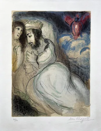 石版画 Chagall - SARA ET ABIMELECH (Sarah and Abimelech). Lithographie originale signée pour DESSINS POUR LA BIBLE.