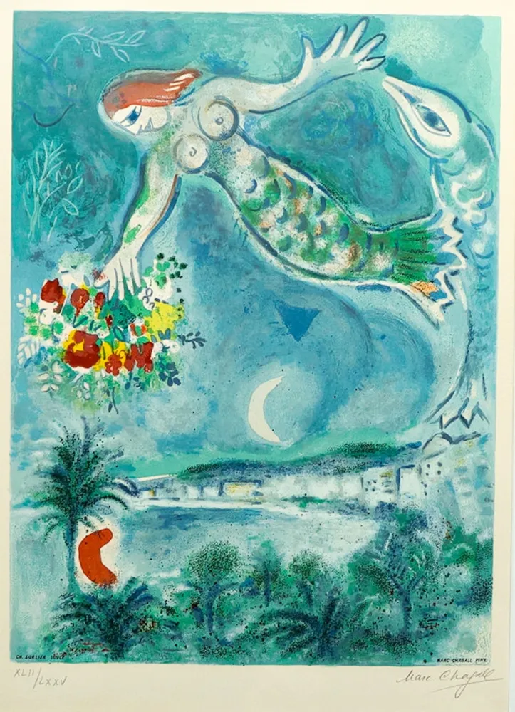 石版画 Chagall - Sirène et Poisson