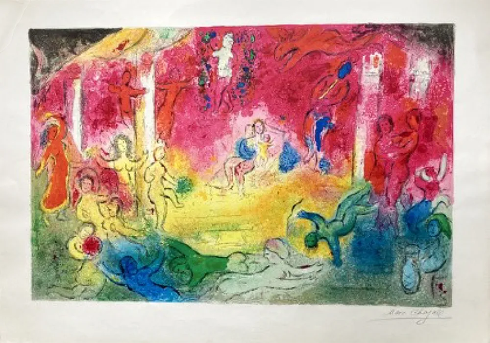 石版画 Chagall - TEMPLE ET HISTOIRE DE BACCHUS. Épreuve signée (Daphnis & Chloé - 1961)