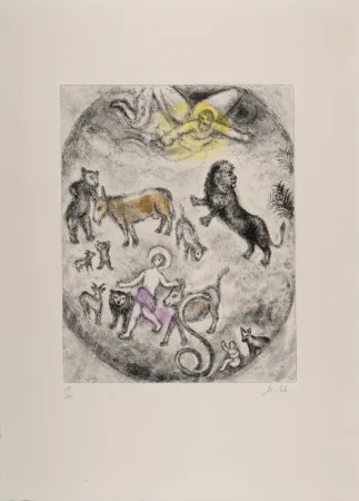 版画 Chagall - The reconciliation of all the creatures (Isaiah 11: 5-9), 1958 - Hand-signed & Hand-colored!