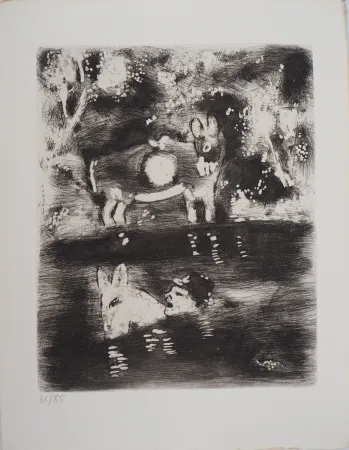 版画 Chagall - Traversée de la rivière (L'âne chargé d'éponges et l'âne chargé de sel)