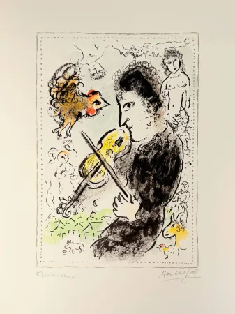 石版画 Chagall - Violoniste au coq