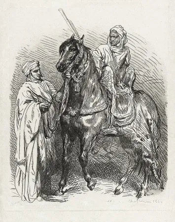 版画 Chassériau - Arabe montant en selle / Cavalier arabe partant pour la guerre