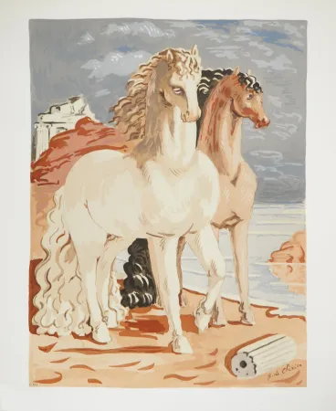 石版画 Chirico (De) - Couple de chevaux dans un paysage mythologique, c