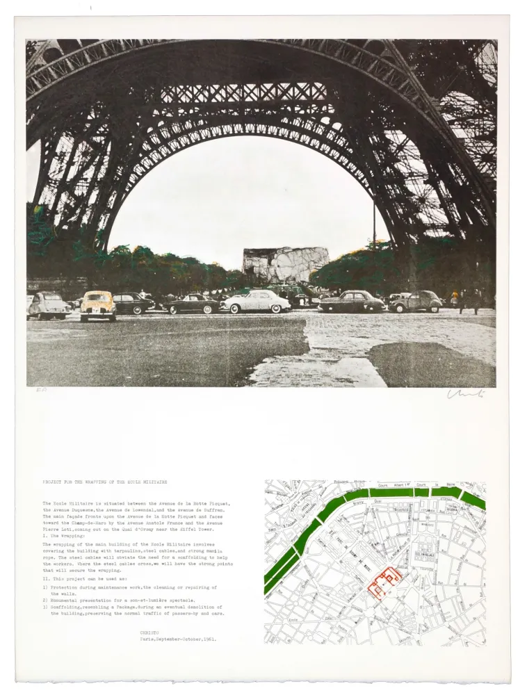 石版画 Christo - The wrapping of the Ecole militaire