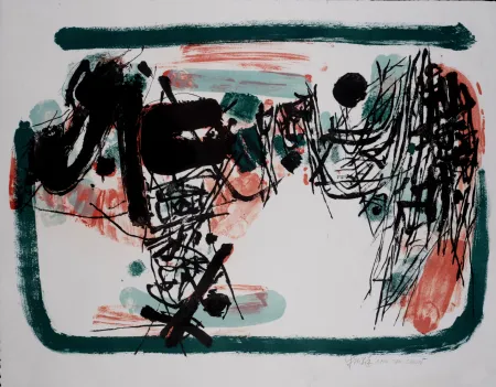 石版画 Chu Teh Chun  - Village dans une pluie rouge (Village in a Red Rain), 1960 - Hand-signed