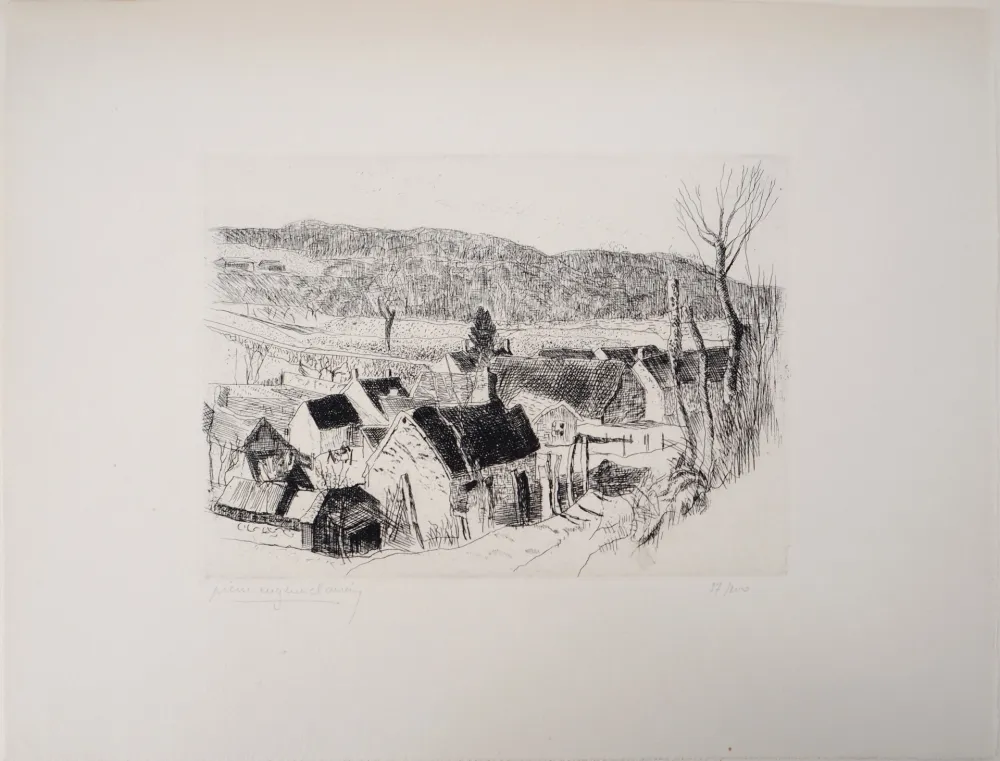 版画 Clairin - Paysage de campagne, village de Saint-Loup