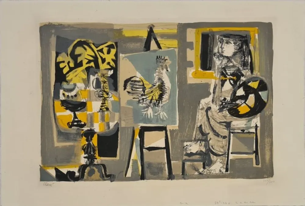 石版画 Clavé - La Femme-peintre au coq 