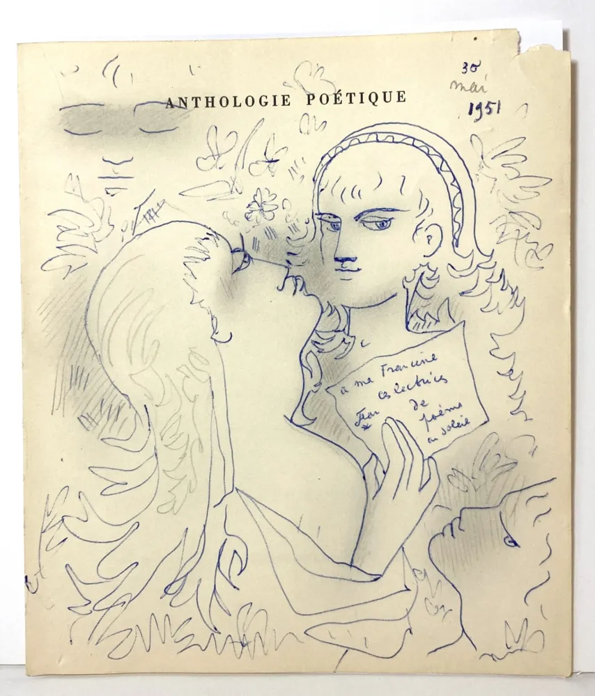 无技术 Cocteau - Dessin au stylo bleu et mine de plomb,