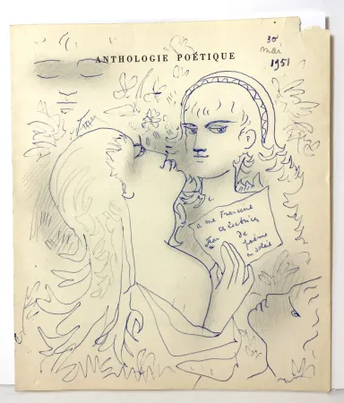 无技术 Cocteau - Dessin au stylo bleu et mine de plomb,