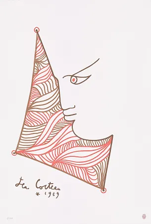 石版画 Cocteau - Profil brun et rouge 
