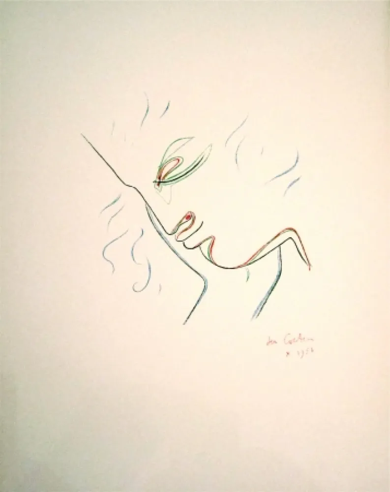 石版画 Cocteau - Profil de garcon en couleur