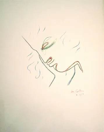 石版画 Cocteau - Profil de garcon en couleur