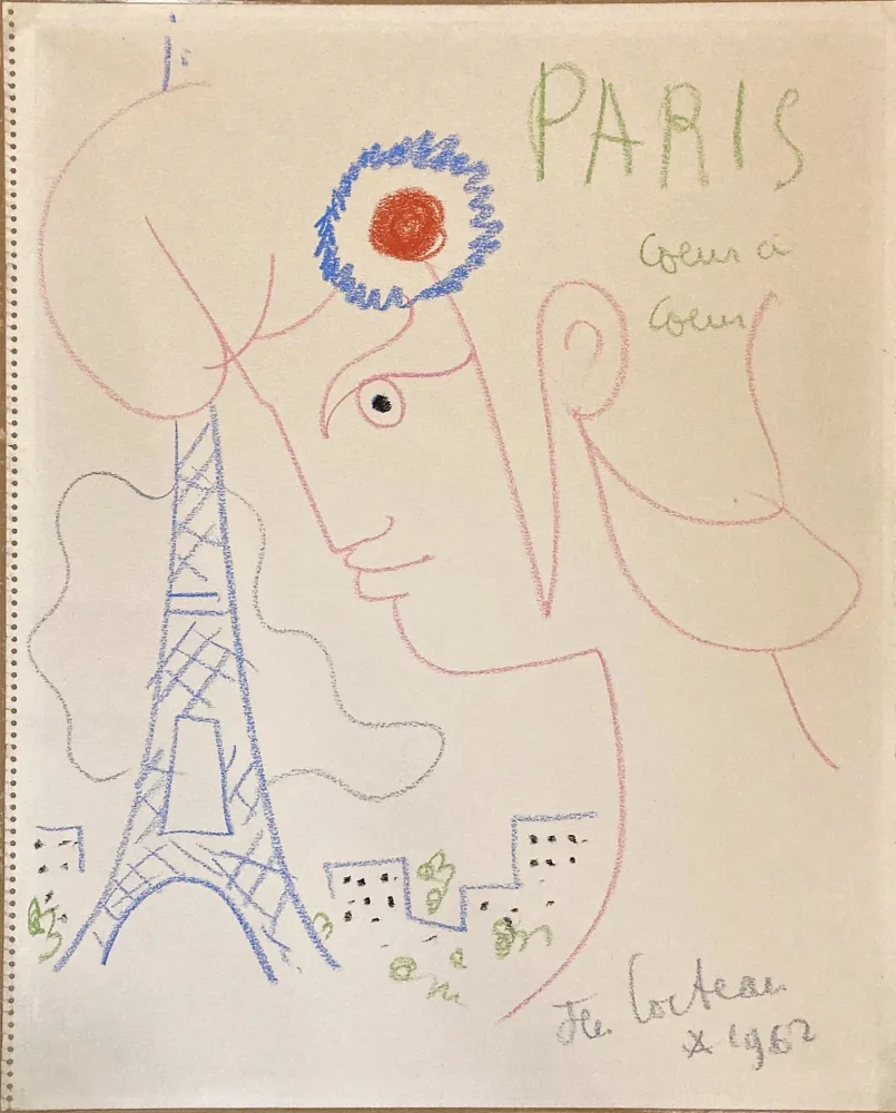 无技术 Cocteau - Profil de Marianne avec Tour Eiffel. Dessin