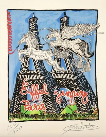 石版画 Combas - Eiffel Jumping 