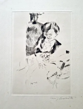 蚀刻版画 Corinth - Frau mit Katzen