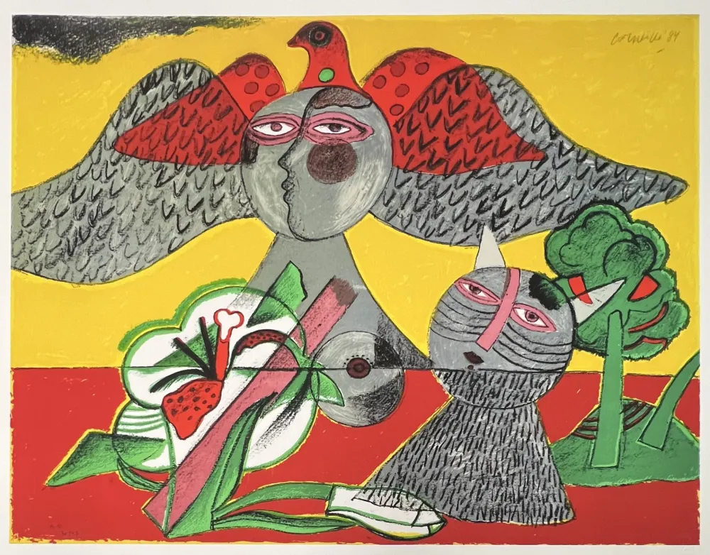 数码版画 Corneille - Chat, Fleur et Oiseau, 1984, Tirage à 45 ex.