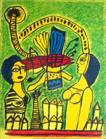 石版画 Corneille - Deux femmes dans la cité