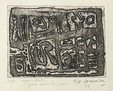 蚀刻版画 Corneille - Eau-forte encadrée en couleurs Signes dans la pierre, 1953. Epreuve d'artiste EA