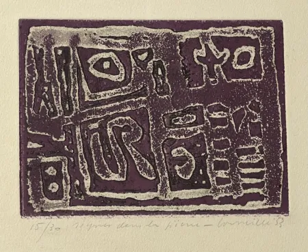 蚀刻飞尘法 Corneille - Eau-forte encadrée en couleurs Signes dans la pierre, 1953. Numéro 15/30