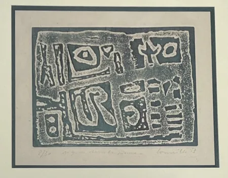 蚀刻版画 Corneille - Eau-forte encadrée en couleurs Signes dans la pierre, 1953. Numéro 15/30