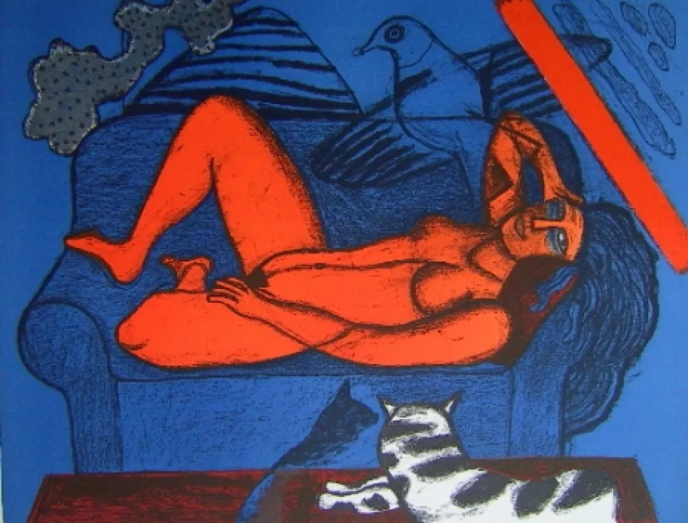 石版画 Corneille - Femme au divan bleu