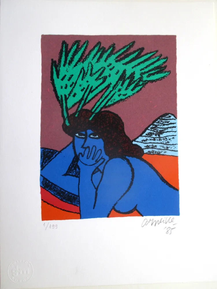 石版画 Corneille - Femme Bleu