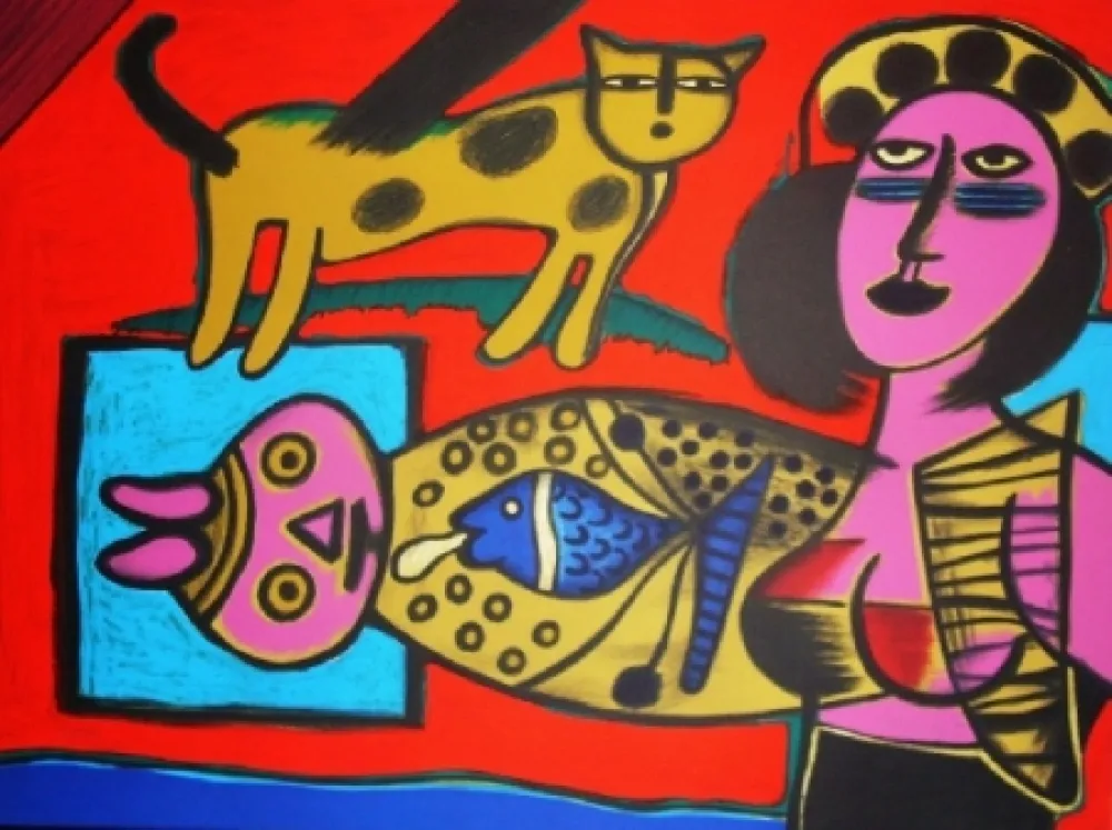 石版画 Corneille - Femme et chat