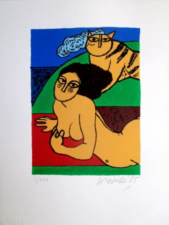 石版画 Corneille - Femme orange avec chat