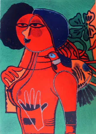 石版画 Corneille - Femme Rouge