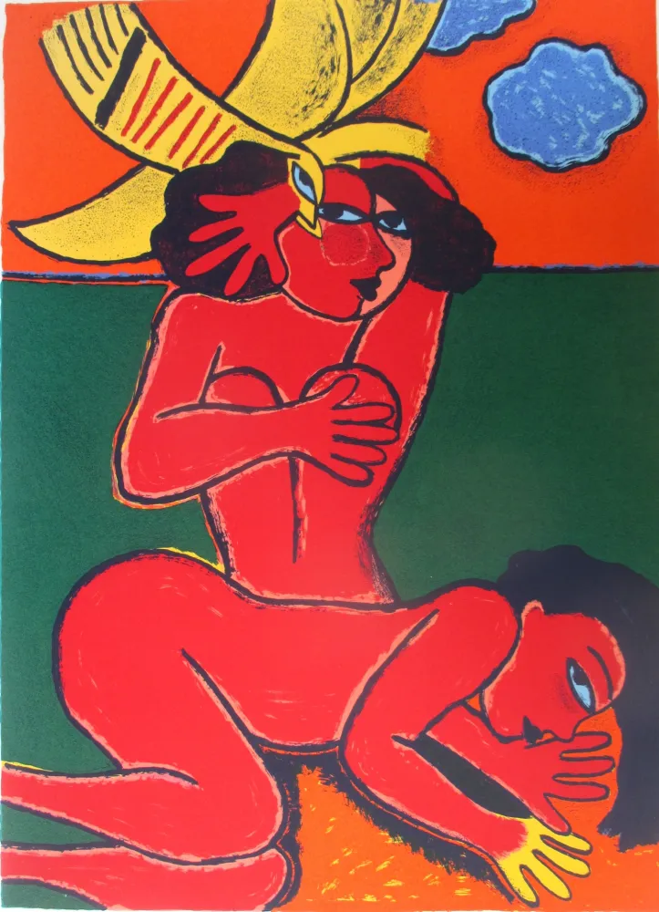 石版画 Corneille - Femmes et nuages bleu