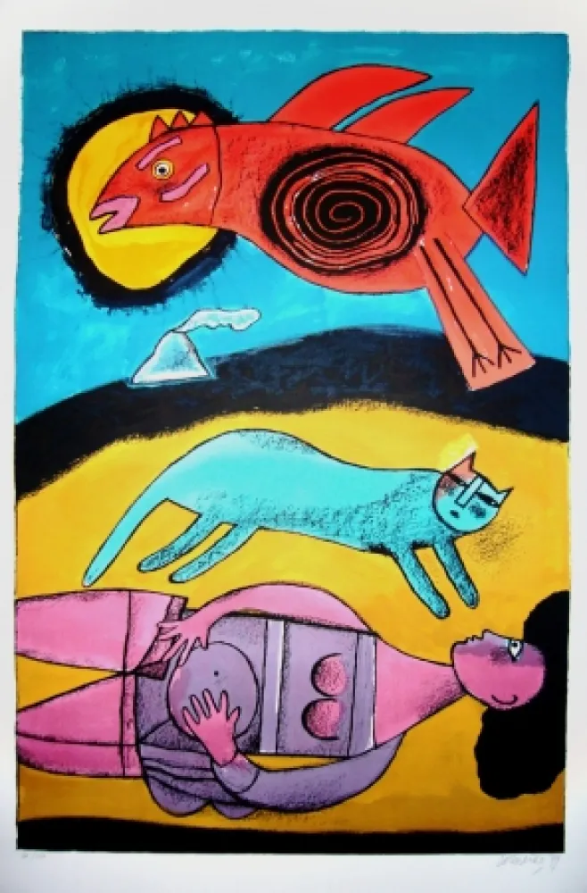 石版画 Corneille - Granbd oiseau du désert