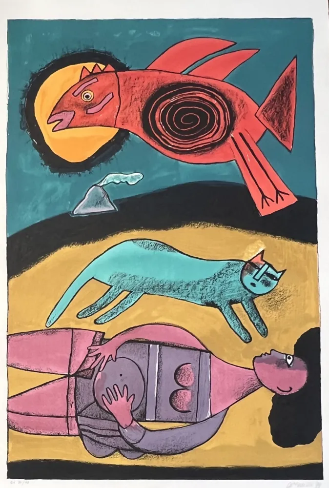 石版画 Corneille - Grande lithographie encadrée Grand Oiseau du désert 1999