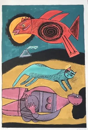 石版画 Corneille - Grande lithographie encadrée Grand Oiseau du désert 1999