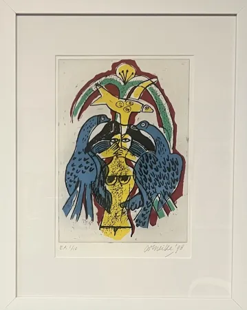 版画 Corneille - Gravure encadrée, Femme et oiseaux, EA 1/10, 1998