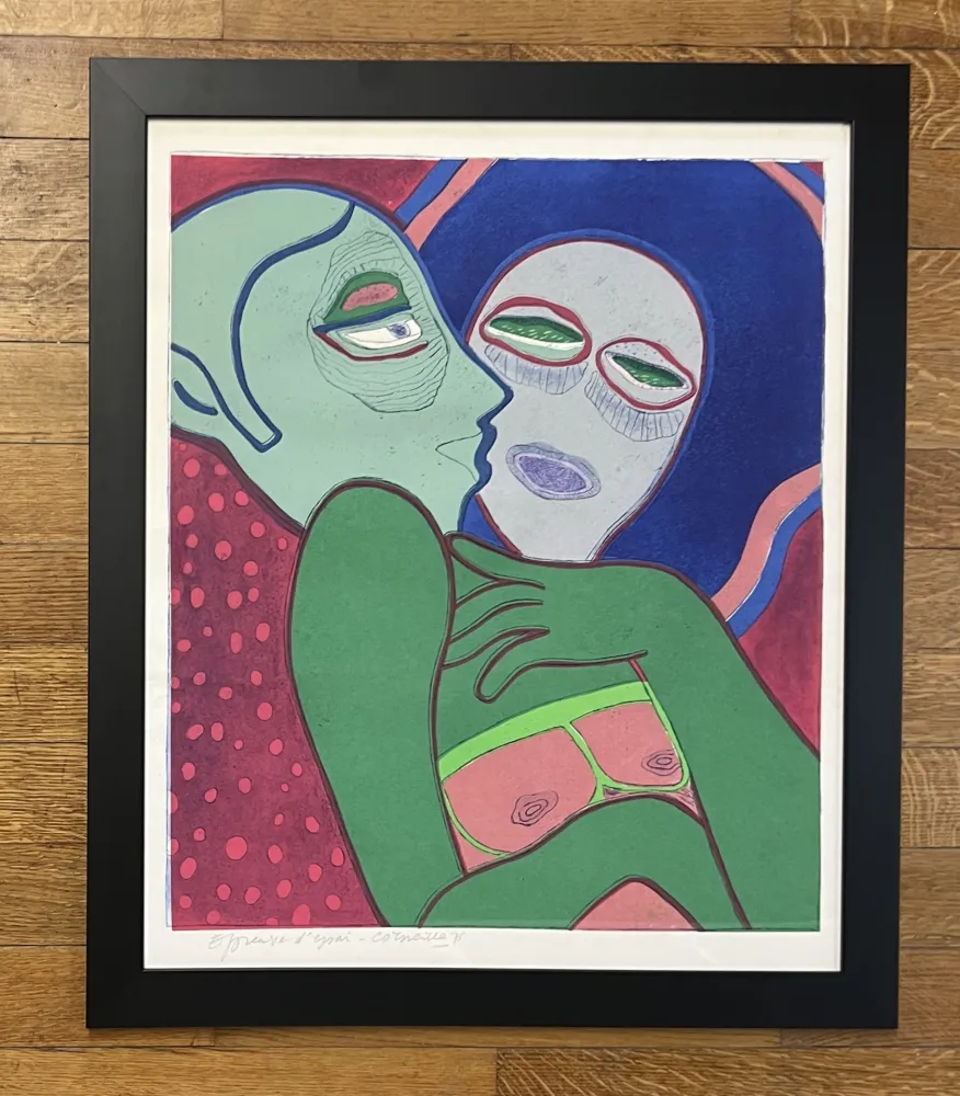 版画 Corneille - Gravure encadrée Les Amants, 1975 - Epreuve d'essai