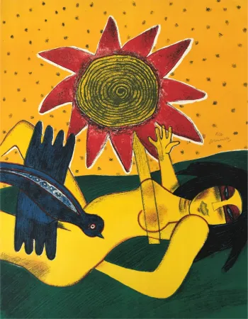 石版画 Corneille - La fleur rouge