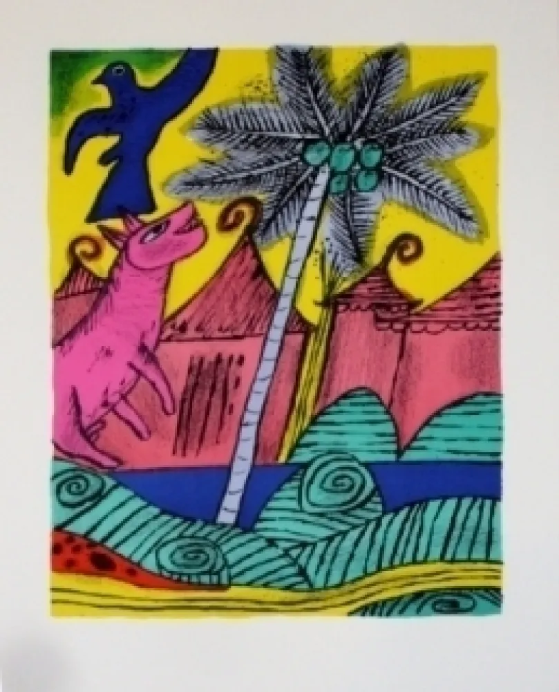 石版画 Corneille - Le chien et l'Oiseau