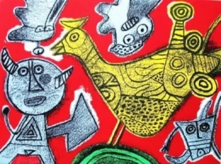 石版画 Corneille - Le diable et l'oiseau