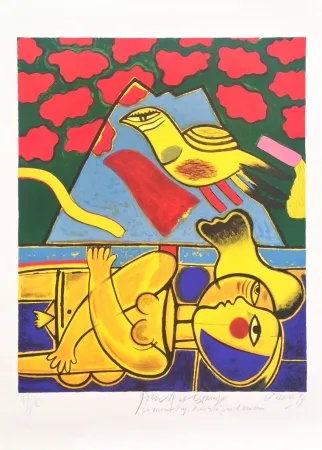 石版画 Corneille - Le mont Fuji traversé par l'oiseau