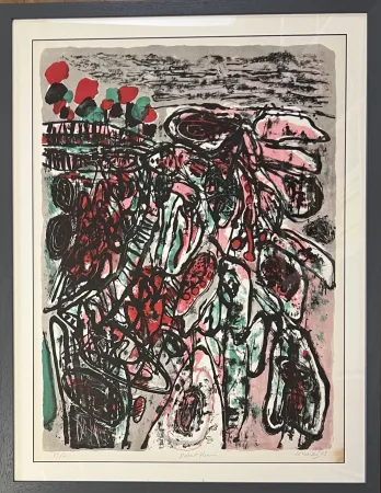 石版画 Corneille - Lithographie ancienne encadrée Le désert Fleuri, 1963 Exemplaire Hors Commerce HC