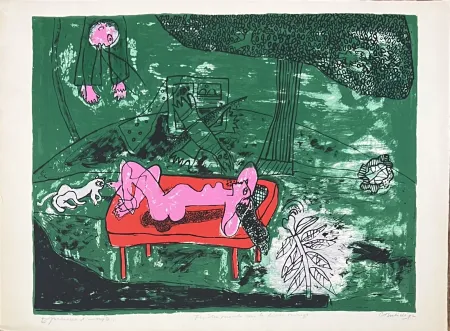 石版画 Corneille - Lithographie ancienne Fenêtre ouverte sur le divan rouge,
