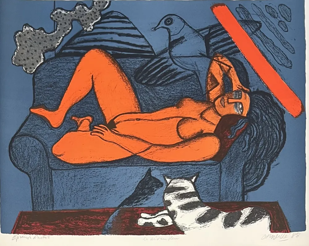 石版画 Corneille - Lithographie ancienne Le divan bleu 1988