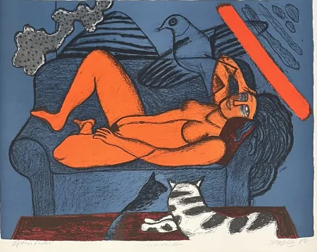 石版画 Corneille - Lithographie ancienne Le divan bleu 1988