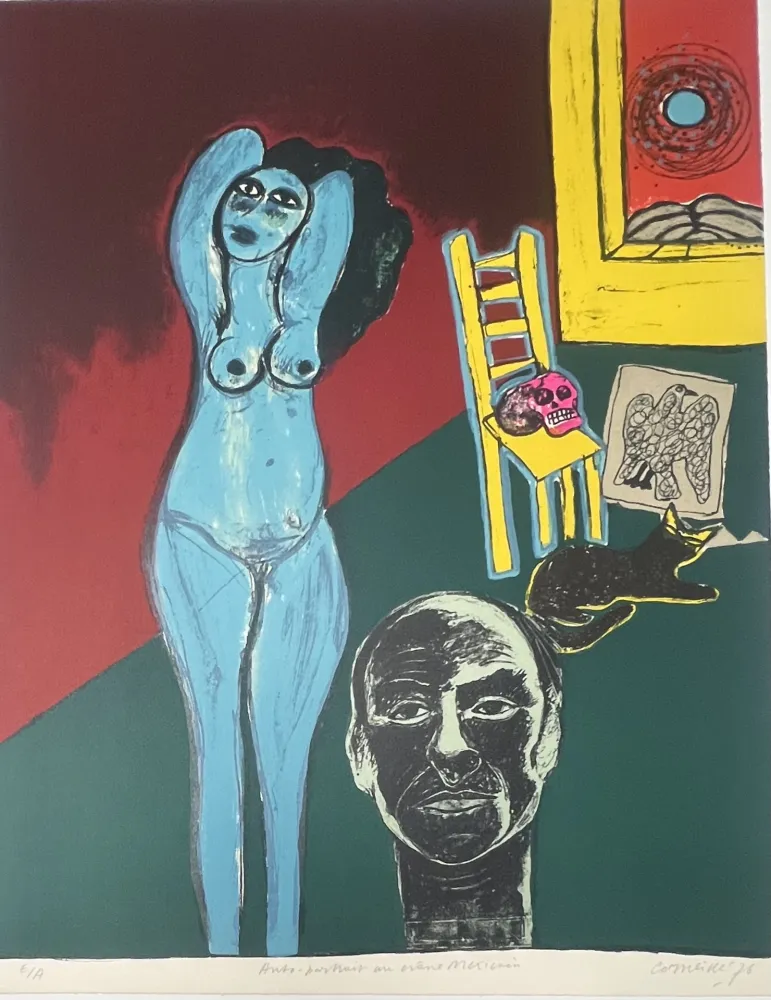 石版画 Corneille -  Lithographie Autoportrait au crâne Mexicain 1976 E/A