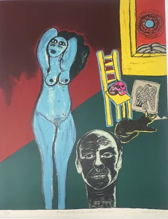 石版画 Corneille -  Lithographie Autoportrait au crâne Mexicain 1976 E/A