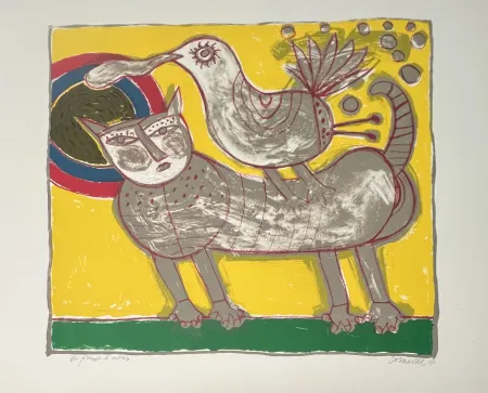 石版画 Corneille -  Lithographie Chat et oiseau - Au coeur de l'été - 1990